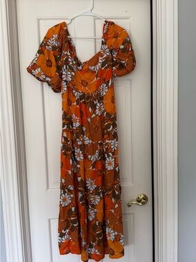 Faithfull the Brand Orange Floral Puff-Sleeve Maxi Dress